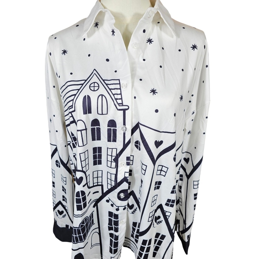 Pixie Lady Women White Black Village House Print Button Down Blouse Shirt Large